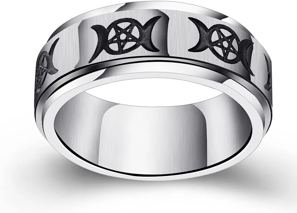 Fuqimanman2020 Goddess Pentagram Stainless Steel Wicca Pagan Triple Moon Spinner Band Ring Celtic Knot Rotatable Anxiety for Men Women Wedding Engagement Promise Jewelry