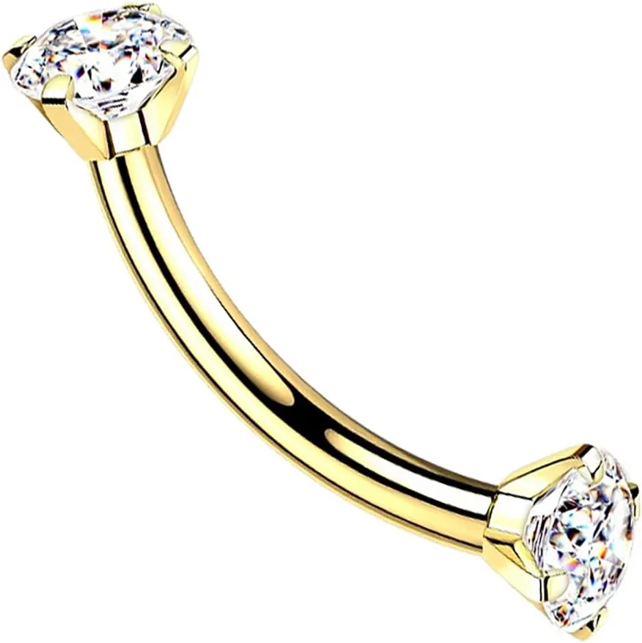 G23 Implant Grade Titanium 16G Internally Threaded 3mm Prong Set Crystal CZ Eyebrow Rings Curved Barbell Bent Piercing Jewelry 8mm 5/16 Inch