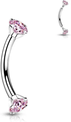 G23 Implant Grade Titanium 16G Internally Threaded 3mm Prong Set Crystal CZ Eyebrow Rings Curved Barbell Bent Piercing Jewelry 8mm 5/16 Inch