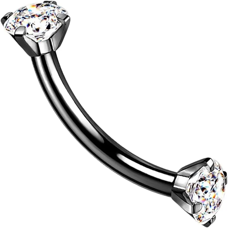 G23 Implant Grade Titanium 16G Internally Threaded 3mm Prong Set Crystal CZ Eyebrow Rings Curved Barbell Bent Piercing Jewelry 8mm 5/16 Inch