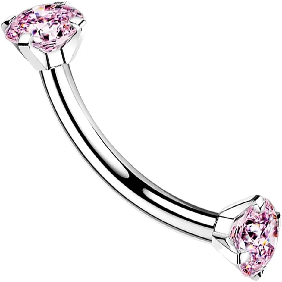 G23 Implant Grade Titanium 16G Internally Threaded 3mm Prong Set Crystal CZ Eyebrow Rings Curved Barbell Bent Piercing Jewelry 8mm 5/16 Inch
