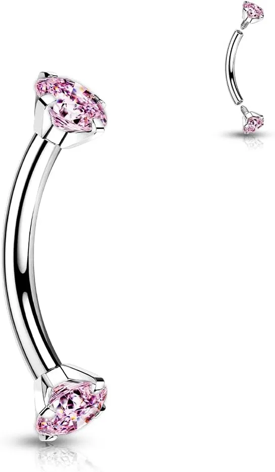 G23 Implant Grade Titanium 16G Internally Threaded 3mm Prong Set Crystal CZ Eyebrow Rings Curved Barbell Bent Piercing Jewelry 8mm 5/16 Inch