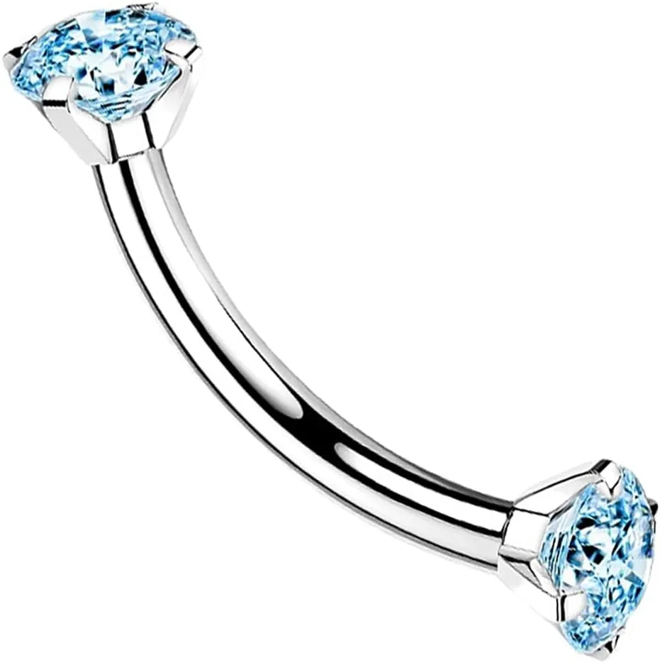 G23 Implant Grade Titanium 16G Internally Threaded 3mm Prong Set Crystal CZ Eyebrow Rings Curved Barbell Bent Piercing Jewelry 8mm 5/16 Inch
