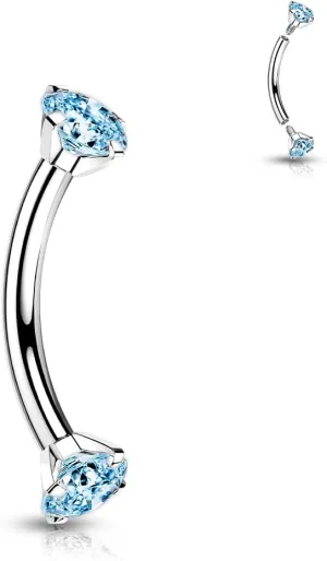 G23 Implant Grade Titanium 16G Internally Threaded 3mm Prong Set Crystal CZ Eyebrow Rings Curved Barbell Bent Piercing Jewelry 8mm 5/16 Inch