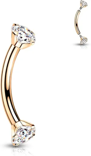 G23 Implant Grade Titanium 16G Internally Threaded 3mm Prong Set Crystal CZ Eyebrow Rings Curved Barbell Bent Piercing Jewelry 8mm 5/16 Inch