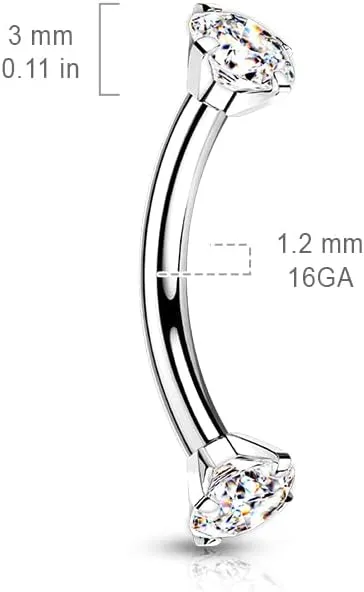 G23 Implant Grade Titanium 16G Internally Threaded 3mm Prong Set Crystal CZ Eyebrow Rings Curved Barbell Bent Piercing Jewelry 8mm 5/16 Inch