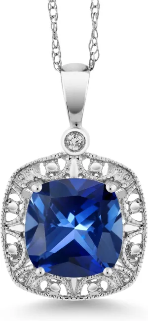 Gem Stone King 10K White Gold Blue Created Sapphire and Diamond Accent Pendant Necklace For Women (2.50 Cttw, Cushion 8MM, With 18 Inch Chain)