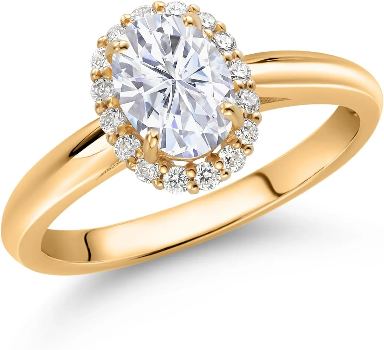 Gem Stone King 10K Yellow Gold White Moissanite and Lab Grown Diamond Halo Engagement Ring For Women (1.03 Cttw, Oval 7X5MM, Available In Size 5, 6, 7, 8, 9)