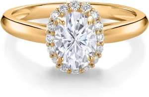 Gem Stone King 10K Yellow Gold White Moissanite and Lab Grown Diamond Halo Engagement Ring For Women (1.03 Cttw, Oval 7X5MM, Available In Size 5, 6, 7, 8, 9)