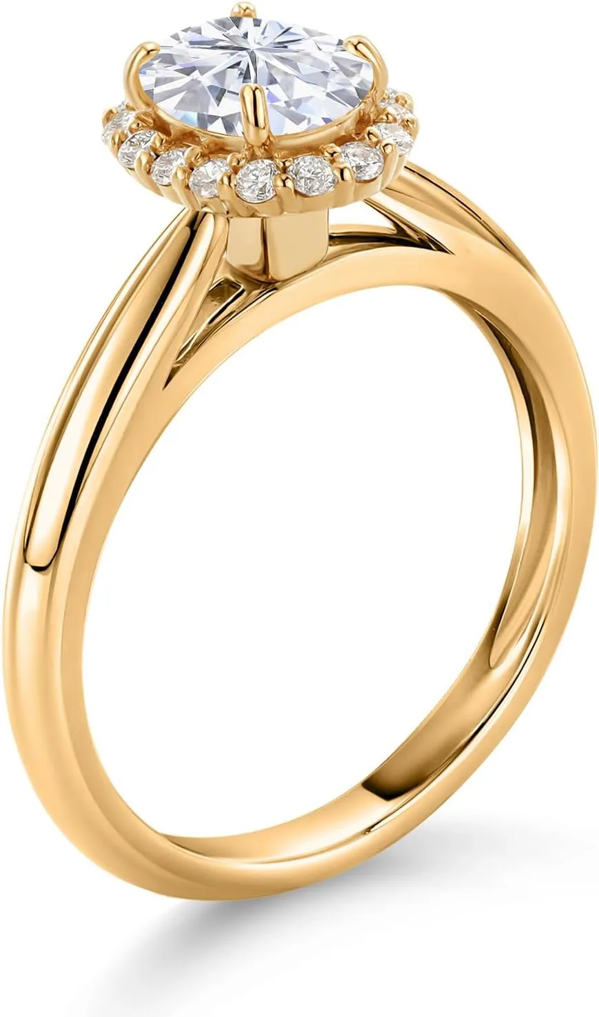 Gem Stone King 10K Yellow Gold White Moissanite and Lab Grown Diamond Halo Engagement Ring For Women (1.03 Cttw, Oval 7X5MM, Available In Size 5, 6, 7, 8, 9)