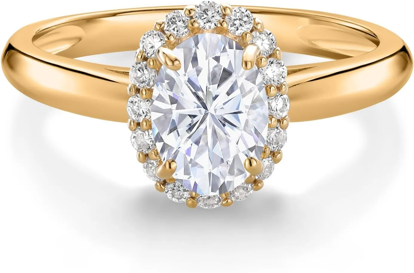 Gem Stone King 10K Yellow Gold White Moissanite and Lab Grown Diamond Halo Engagement Ring For Women (1.03 Cttw, Oval 7X5MM, Available In Size 5, 6, 7, 8, 9)