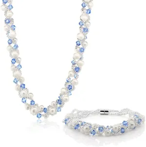 Gem Stone King 17 Inch White Cultured Freshwater Pearl and Blue Crystal Mash Necklace and Bracelet Set For Women (Necklace: 17 Inch, Bracelet: 6.5 Inch)