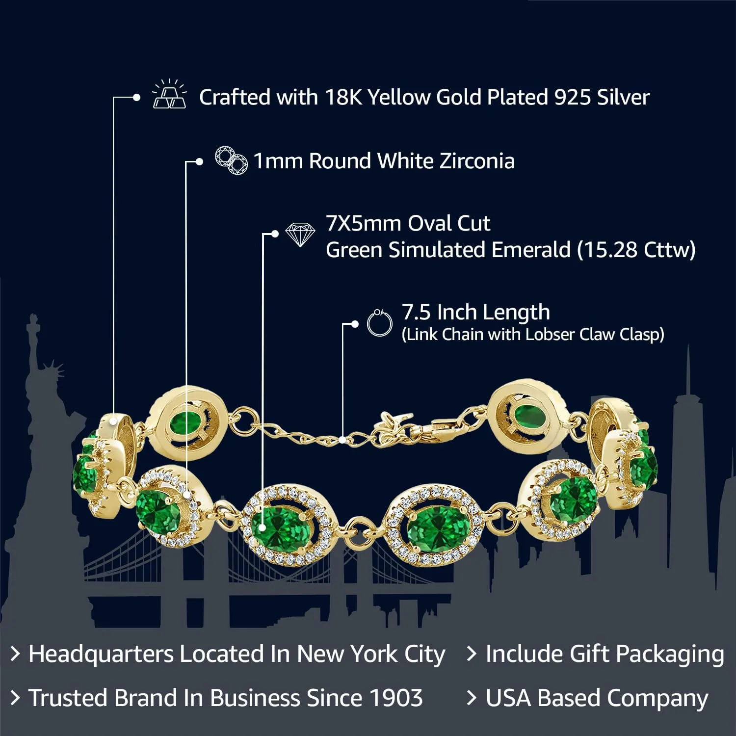 Gem Stone King 18K Yellow Gold Plated Silver 7X5MM Oval Gemstone Birthstone Tennis Bracelet For Women | Size 7.5 Inch | Fine Jewelry Gifts for Her Mom Women Wife