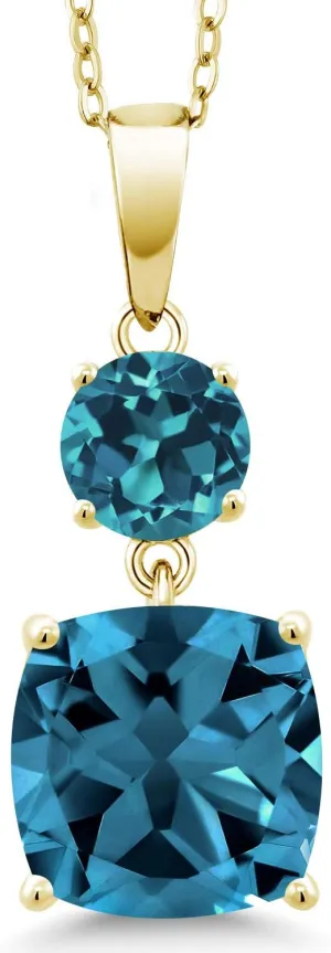 Gem Stone King 18K Yellow Gold Plated Silver London Blue Topaz Pendant Necklace For Women (6.30 Cttw, Gemstone November Birthstone, Cushion 10MM, Round 6MM)