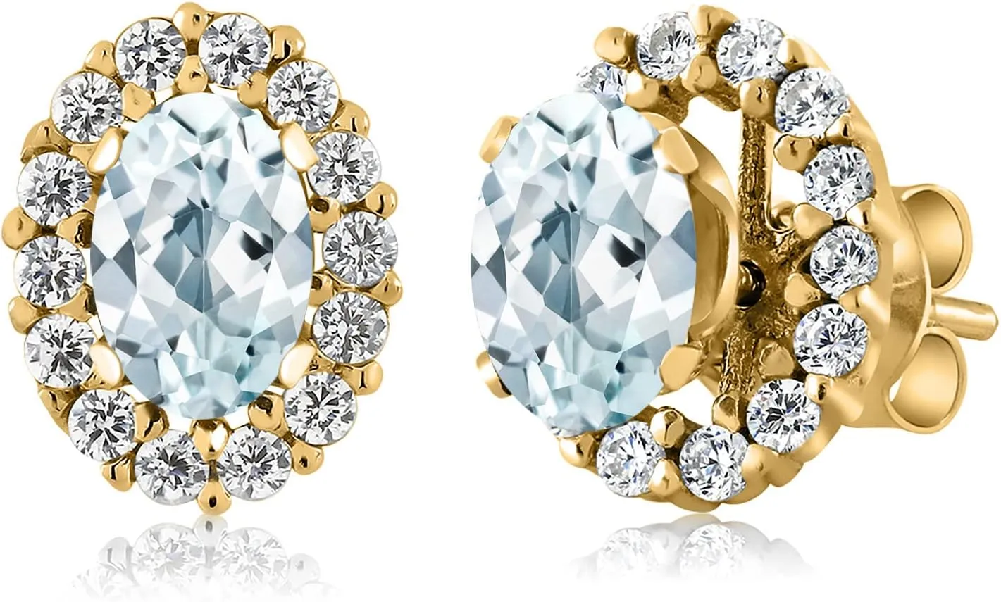 Gem Stone King 18K Yellow Gold Plated Silver Oval 6X4MM Gemstone Birthstone Removable Jacket Stud Halo Earrings For Women