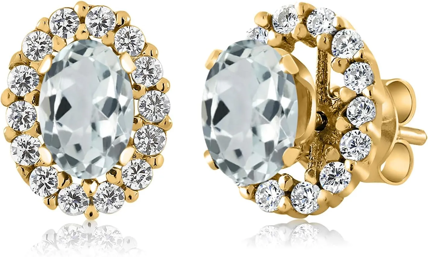 Gem Stone King 18K Yellow Gold Plated Silver Oval 6X4MM Gemstone Birthstone Removable Jacket Stud Halo Earrings For Women