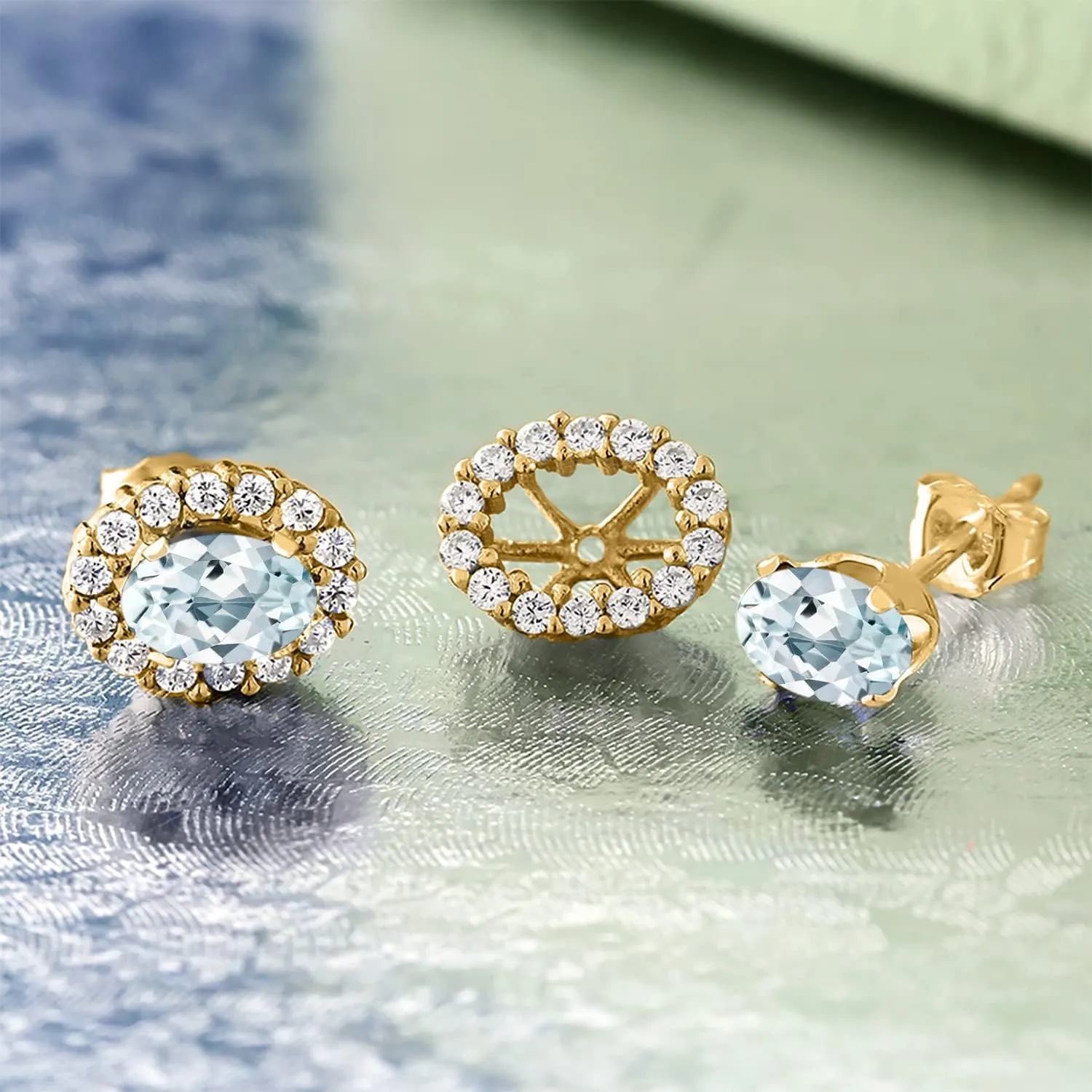 Gem Stone King 18K Yellow Gold Plated Silver Oval 6X4MM Gemstone Birthstone Removable Jacket Stud Halo Earrings For Women