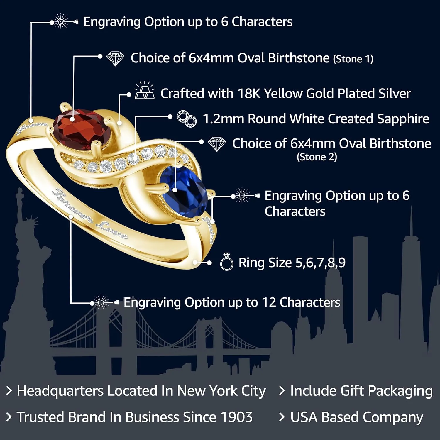 Gem Stone King 18K Yellow Gold Plated Silver Personalized Customized Engrave 2-Stone Gemstone Birthstone and White Created Sapphire Infinity Forever Love Knot Ring For Women