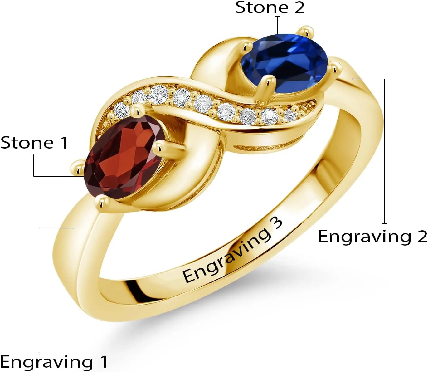 Gem Stone King 18K Yellow Gold Plated Silver Personalized Customized Engrave 2-Stone Gemstone Birthstone and White Created Sapphire Infinity Forever Love Knot Ring For Women
