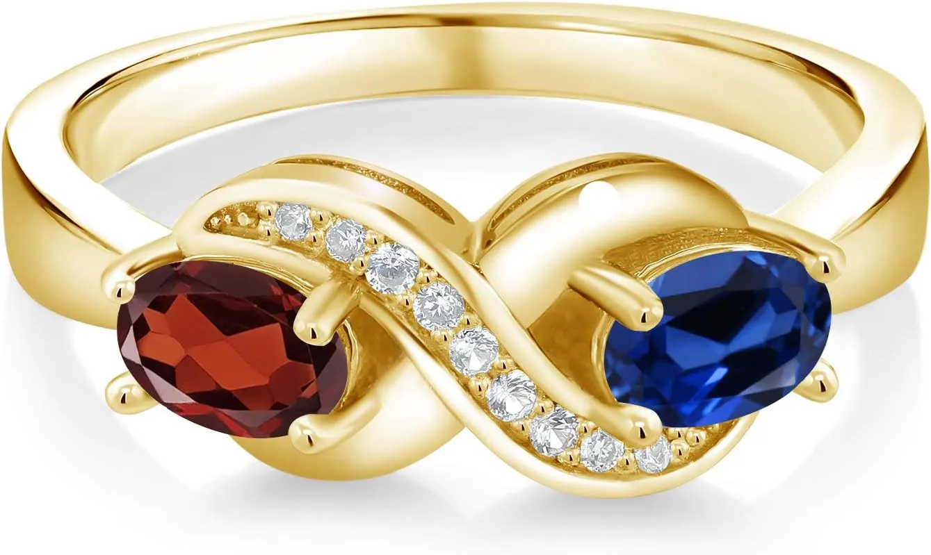 Gem Stone King 18K Yellow Gold Plated Silver Personalized Customized Engrave 2-Stone Gemstone Birthstone and White Created Sapphire Infinity Forever Love Knot Ring For Women