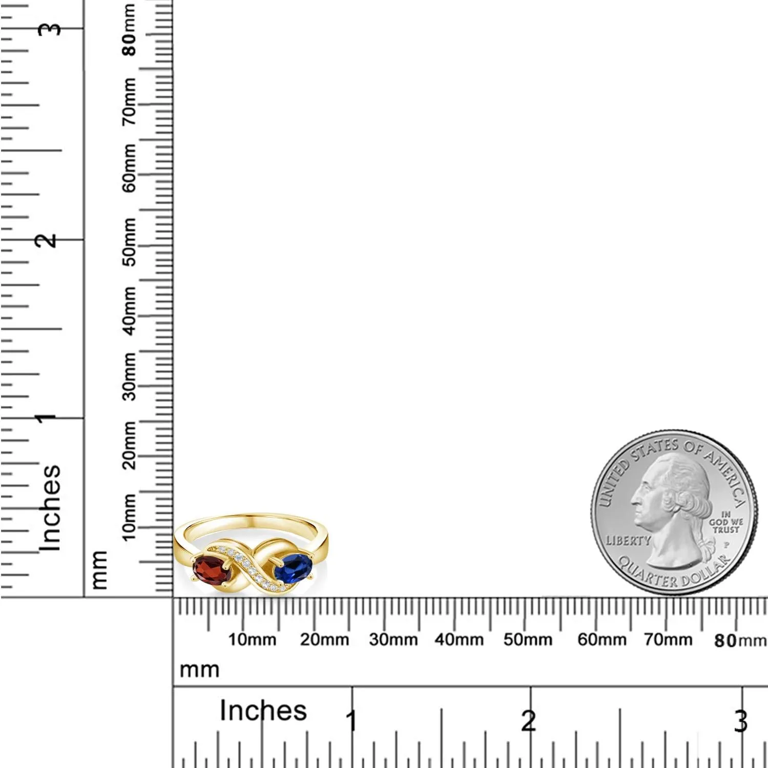 Gem Stone King 18K Yellow Gold Plated Silver Personalized Customized Engrave 2-Stone Gemstone Birthstone and White Created Sapphire Infinity Forever Love Knot Ring For Women