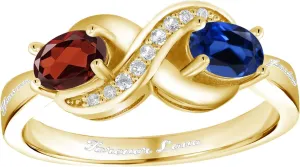 Gem Stone King 18K Yellow Gold Plated Silver Personalized Customized Engrave 2-Stone Gemstone Birthstone and White Created Sapphire Infinity Forever Love Knot Ring For Women