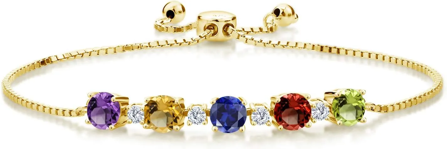 Gem Stone King 18K Yellow Gold Plated Silver Round 5 Gemstone Birthstone Customized and Personalized Tennis Bracelet For Women (5.26 Cttw, Fully Adjustable Up to 9 Inch)
