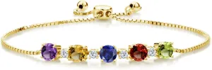 Gem Stone King 18K Yellow Gold Plated Silver Round 5 Gemstone Birthstone Customized and Personalized Tennis Bracelet For Women (5.26 Cttw, Fully Adjustable Up to 9 Inch)