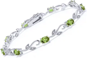 Gem Stone King 4.63 Cttw Oval Green Peridot and Diamond Greek Vine Tennis Bracelet For Women | 925 Sterling Silver | Gemstone Birthstone | 7 Inch