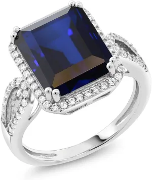 Gem Stone King 5.00 Cttw Blue Simulated Sapphire Ring For Women In 925 Sterling Silver | 12X10MM Emerald Cut | Available In Size 5, 6, 7, 8, 9