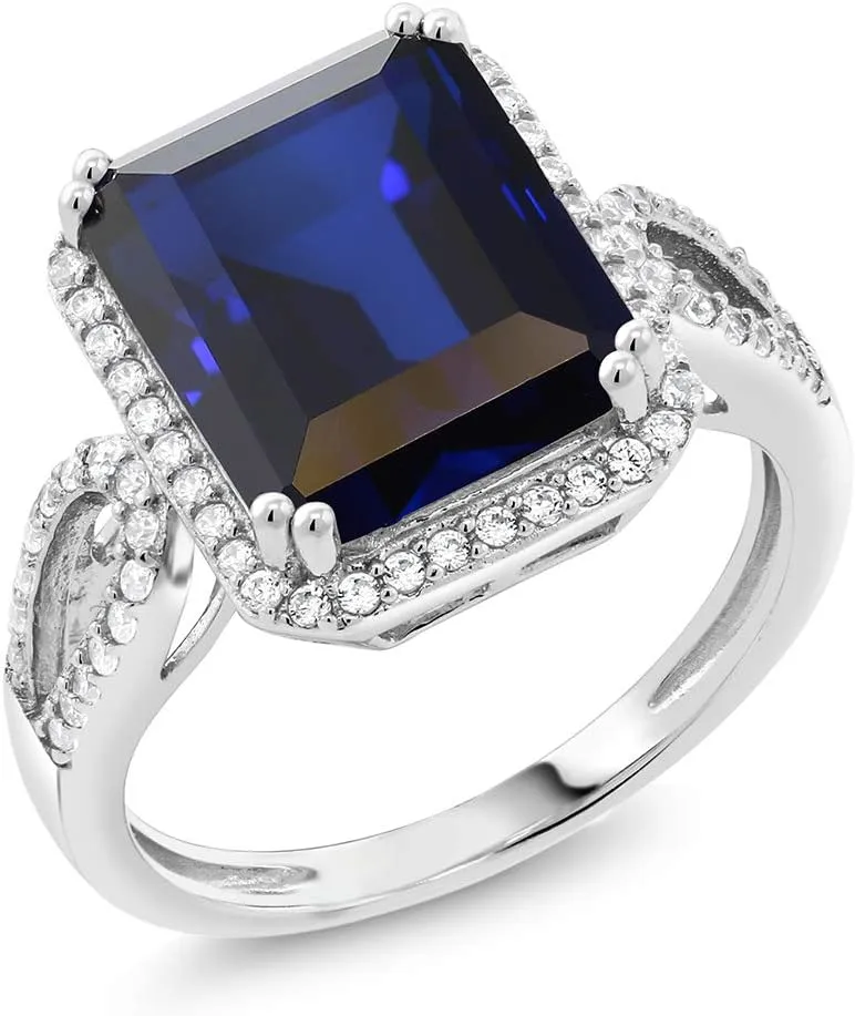 Gem Stone King 5.00 Cttw Blue Simulated Sapphire Ring For Women In 925 Sterling Silver | 12X10MM Emerald Cut | Available In Size 5, 6, 7, 8, 9