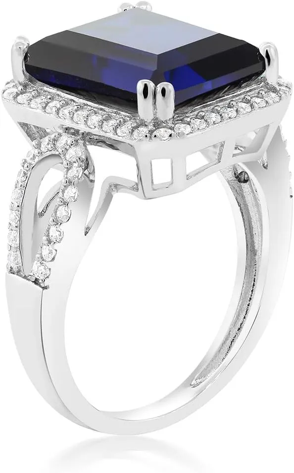 Gem Stone King 5.00 Cttw Blue Simulated Sapphire Ring For Women In 925 Sterling Silver | 12X10MM Emerald Cut | Available In Size 5, 6, 7, 8, 9
