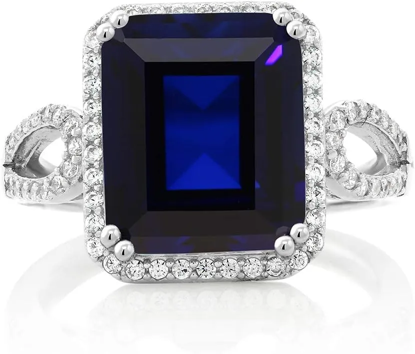 Gem Stone King 5.00 Cttw Blue Simulated Sapphire Ring For Women In 925 Sterling Silver | 12X10MM Emerald Cut | Available In Size 5, 6, 7, 8, 9