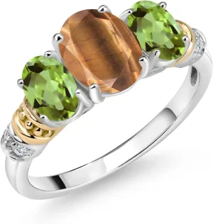 Gem Stone King 925 Sterling Silver and 10K Yellow Gold Oval Brown Tiger Eye Green Peridot and White Diamond 3 Stone Ring For Women (2.28 Cttw, Gemstone Birthstone, Available In Size 5, 6, 7, 8, 9)