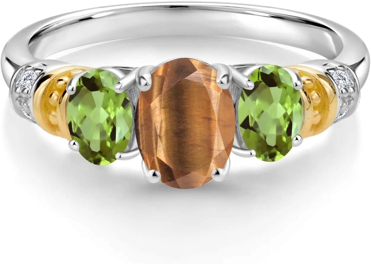 Gem Stone King 925 Sterling Silver and 10K Yellow Gold Oval Brown Tiger Eye Green Peridot and White Diamond 3 Stone Ring For Women (2.28 Cttw, Gemstone Birthstone, Available In Size 5, 6, 7, 8, 9)