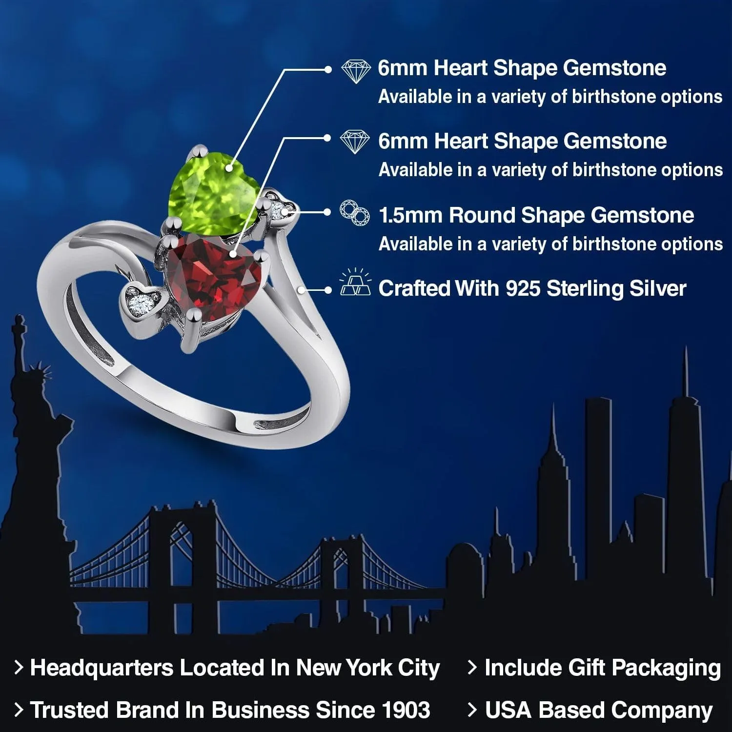 Gem Stone King 925 Sterling Silver Green Peridot and Red Garnet Ring | 1.76 Cttw | Heart Shape 6MM | Gemstone Birthstone | Heart Ring For Women | Available In Size 5, 6, 7, 8, 9