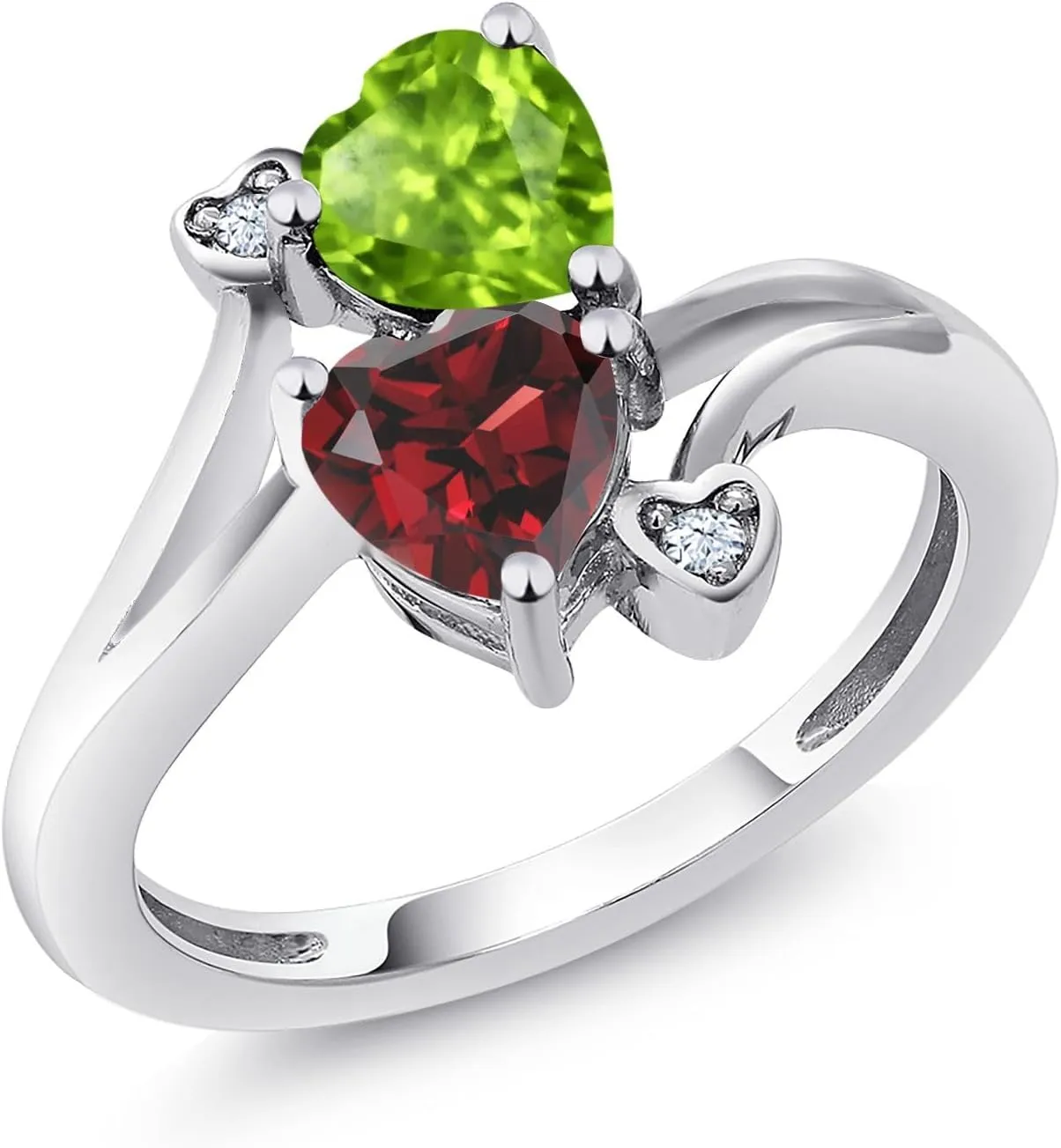 Gem Stone King 925 Sterling Silver Green Peridot and Red Garnet Ring | 1.76 Cttw | Heart Shape 6MM | Gemstone Birthstone | Heart Ring For Women | Available In Size 5, 6, 7, 8, 9