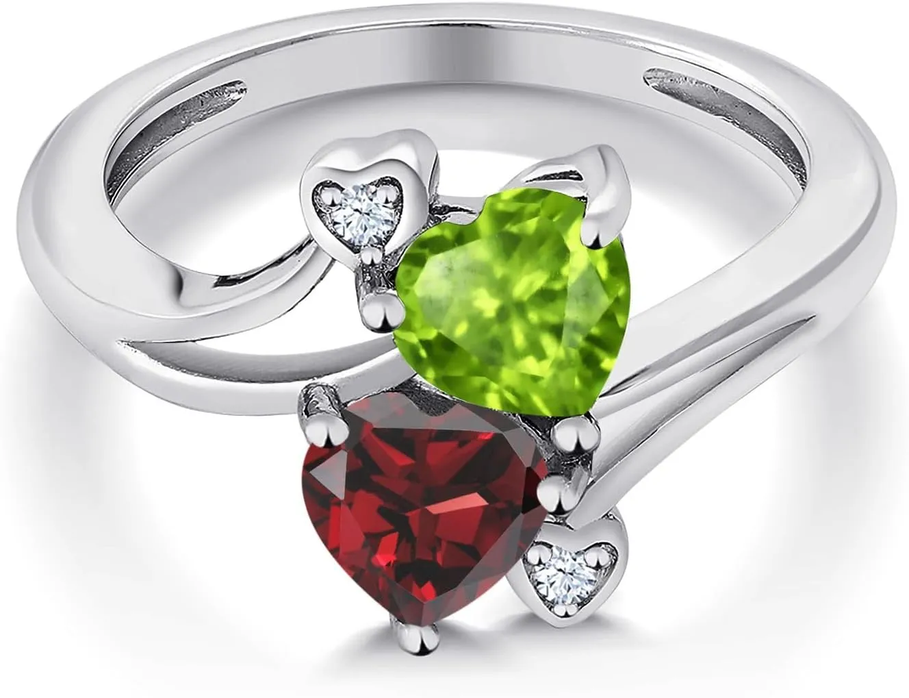 Gem Stone King 925 Sterling Silver Green Peridot and Red Garnet Ring | 1.76 Cttw | Heart Shape 6MM | Gemstone Birthstone | Heart Ring For Women | Available In Size 5, 6, 7, 8, 9