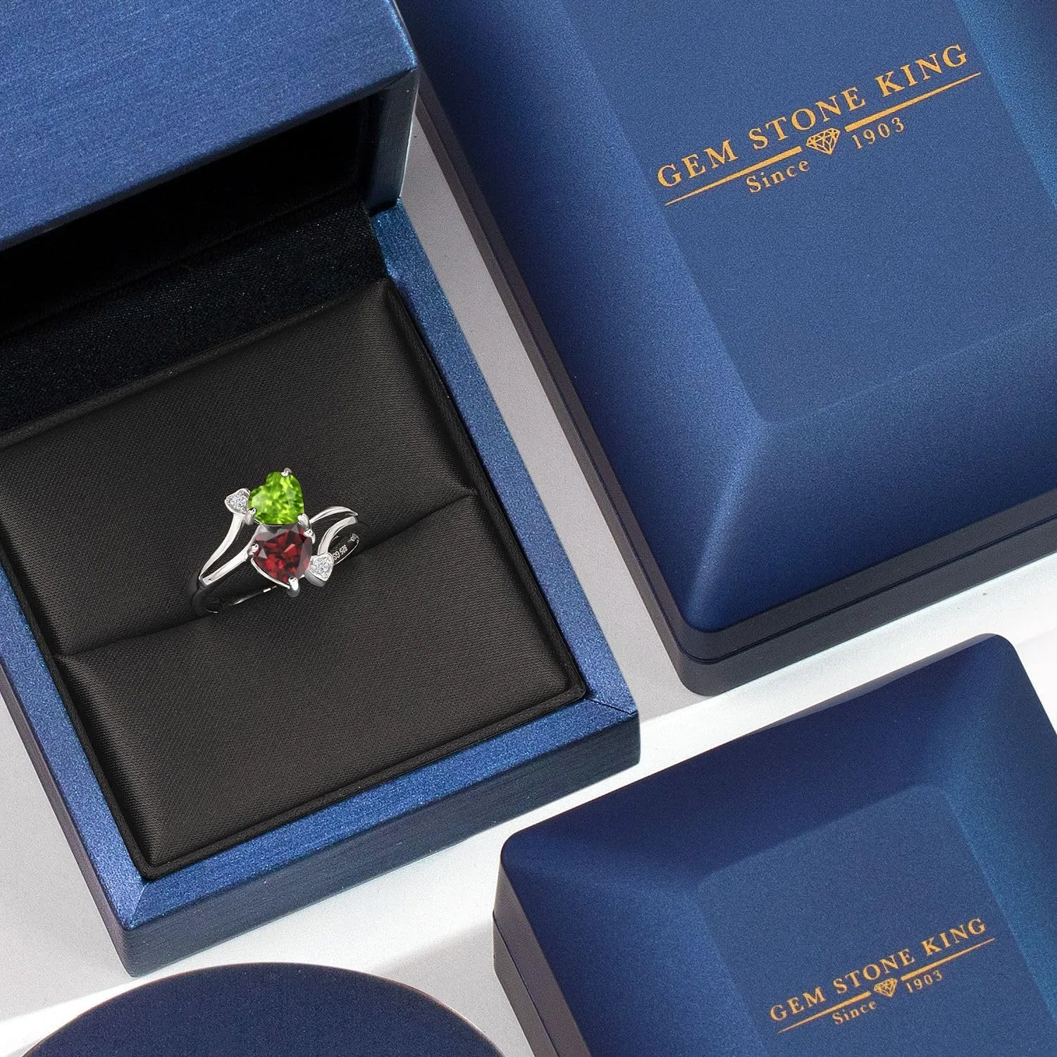 Gem Stone King 925 Sterling Silver Green Peridot and Red Garnet Ring | 1.76 Cttw | Heart Shape 6MM | Gemstone Birthstone | Heart Ring For Women | Available In Size 5, 6, 7, 8, 9