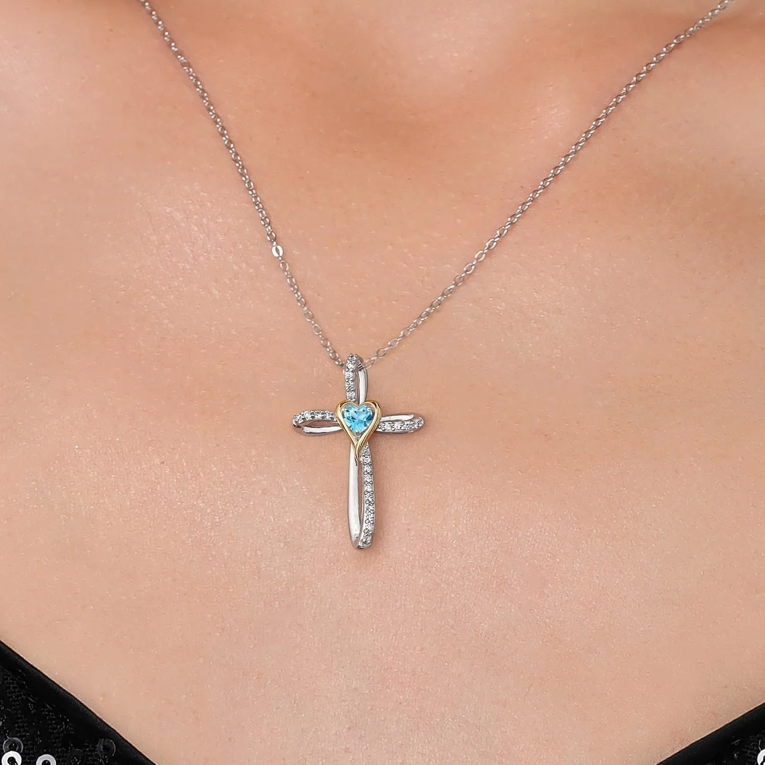 Gem Stone King Cross Necklace For Women | 925 Silver and 10K Yellow Gold 4MM Heart Shape Gemstone Birthstone and White Lab Grown Diamond Cross Pendant Necklace For Women