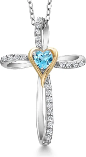 Gem Stone King Cross Necklace For Women | 925 Silver and 10K Yellow Gold 4MM Heart Shape Gemstone Birthstone and White Lab Grown Diamond Cross Pendant Necklace For Women