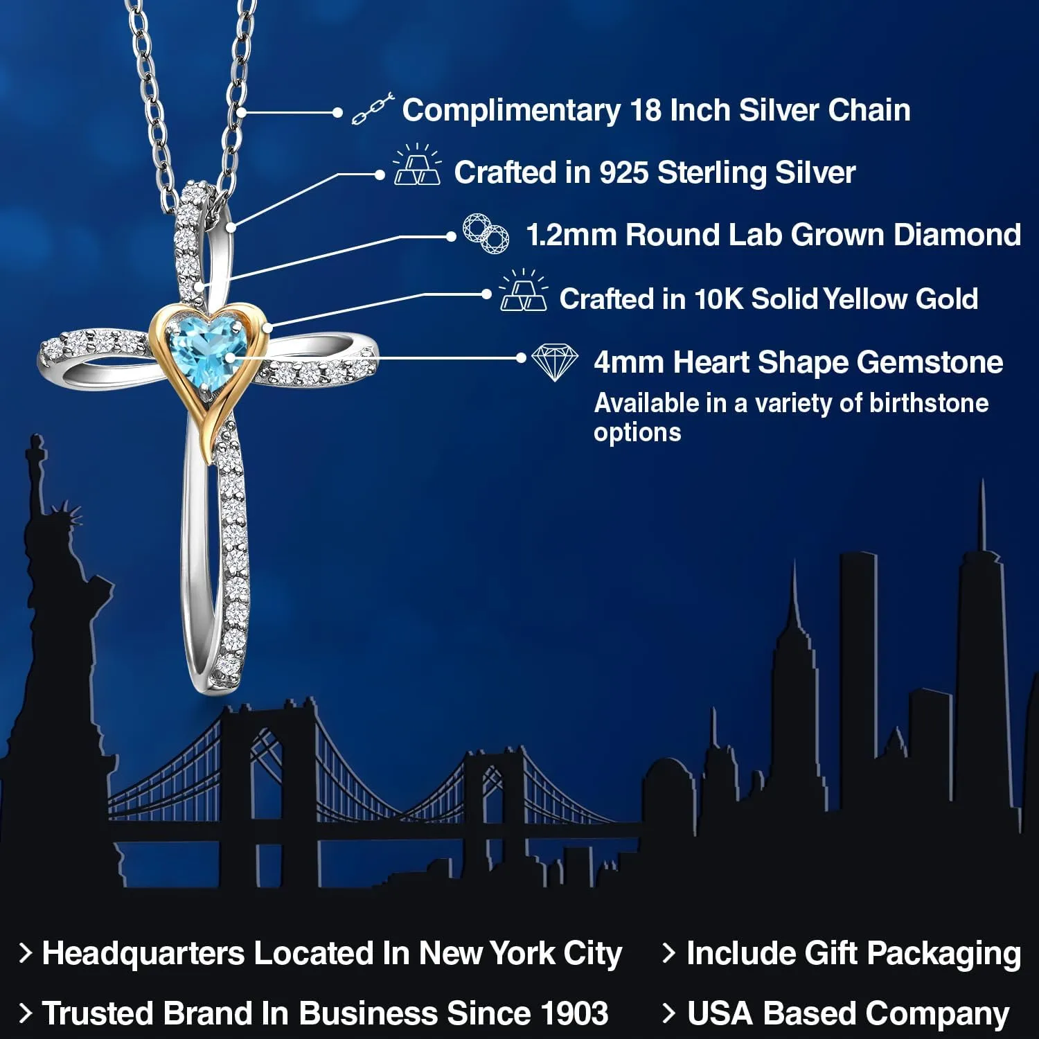 Gem Stone King Cross Necklace For Women | 925 Silver and 10K Yellow Gold 4MM Heart Shape Gemstone Birthstone and White Lab Grown Diamond Cross Pendant Necklace For Women