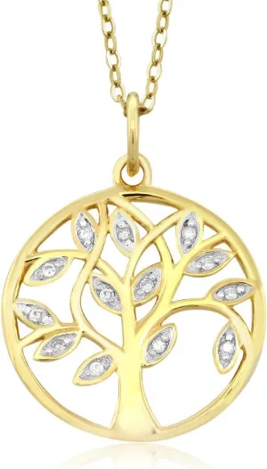 Gem Stone King Tree Of Life Round Diamond Accent Pendant Necklace For Women | 18K Yellow Gold Plated 925 Sterling Silver | With 18 Inch Chain