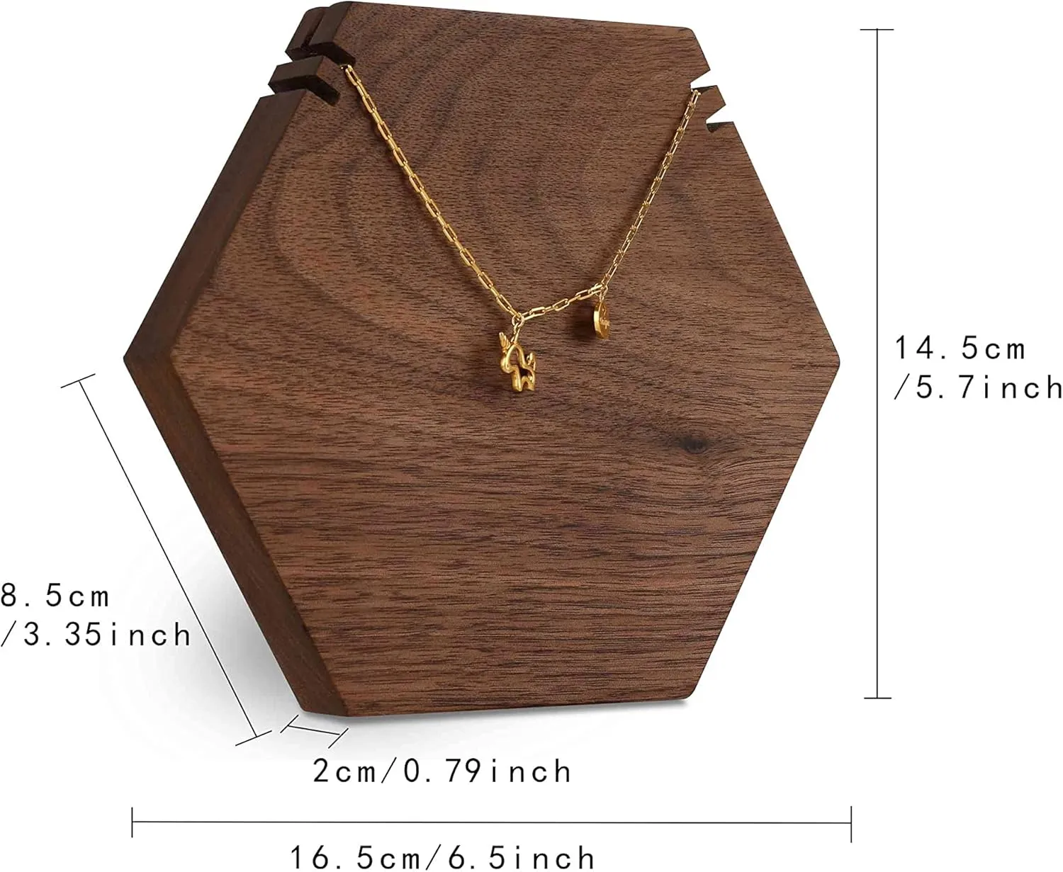 GemeShou Wood Necklace Display Stand, Walnut Hexagon Board Jewelry Holder for Show, Hanging Long Necklace Retail Jewelry organizerHexagon Necklace holder-Large