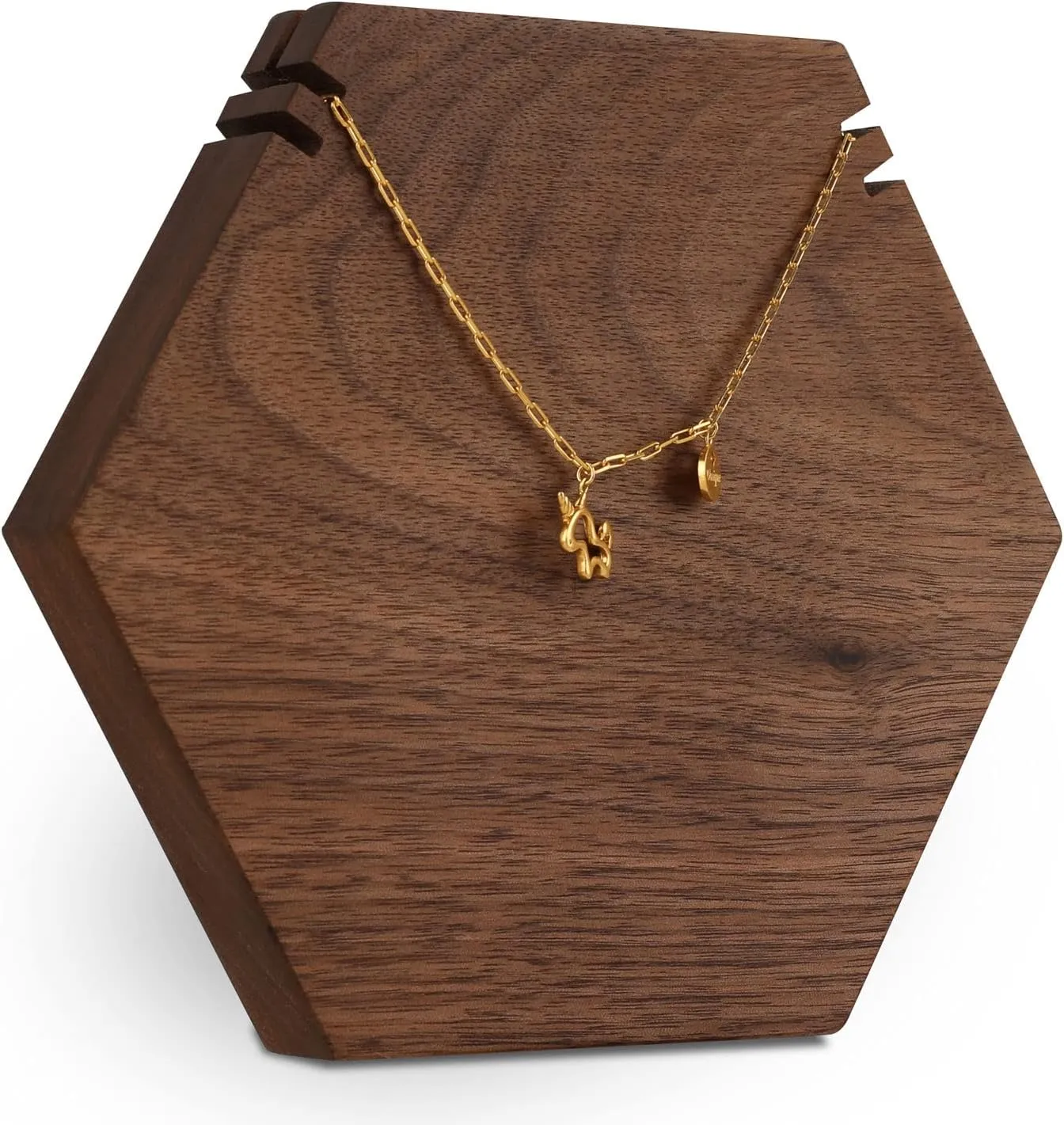 GemeShou Wood Necklace Display Stand, Walnut Hexagon Board Jewelry Holder for Show, Hanging Long Necklace Retail Jewelry organizerHexagon Necklace holder-Large