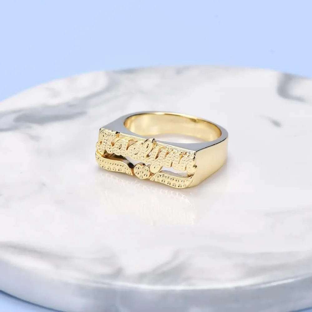 Gemiac Personalized Name Ring with Heart 18K Gold Plated Ring Unisex Custom Nameplate Initial Ring Jewelry Gift for Women Men