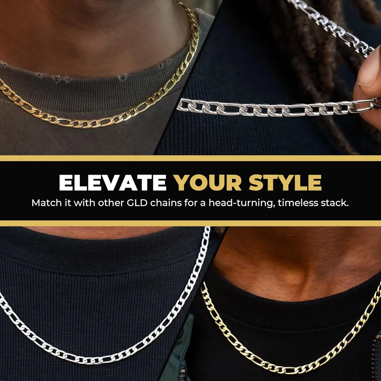 GLD Figaro Chain for Men and Women - 18K - 3MM, 4MM and 6MM