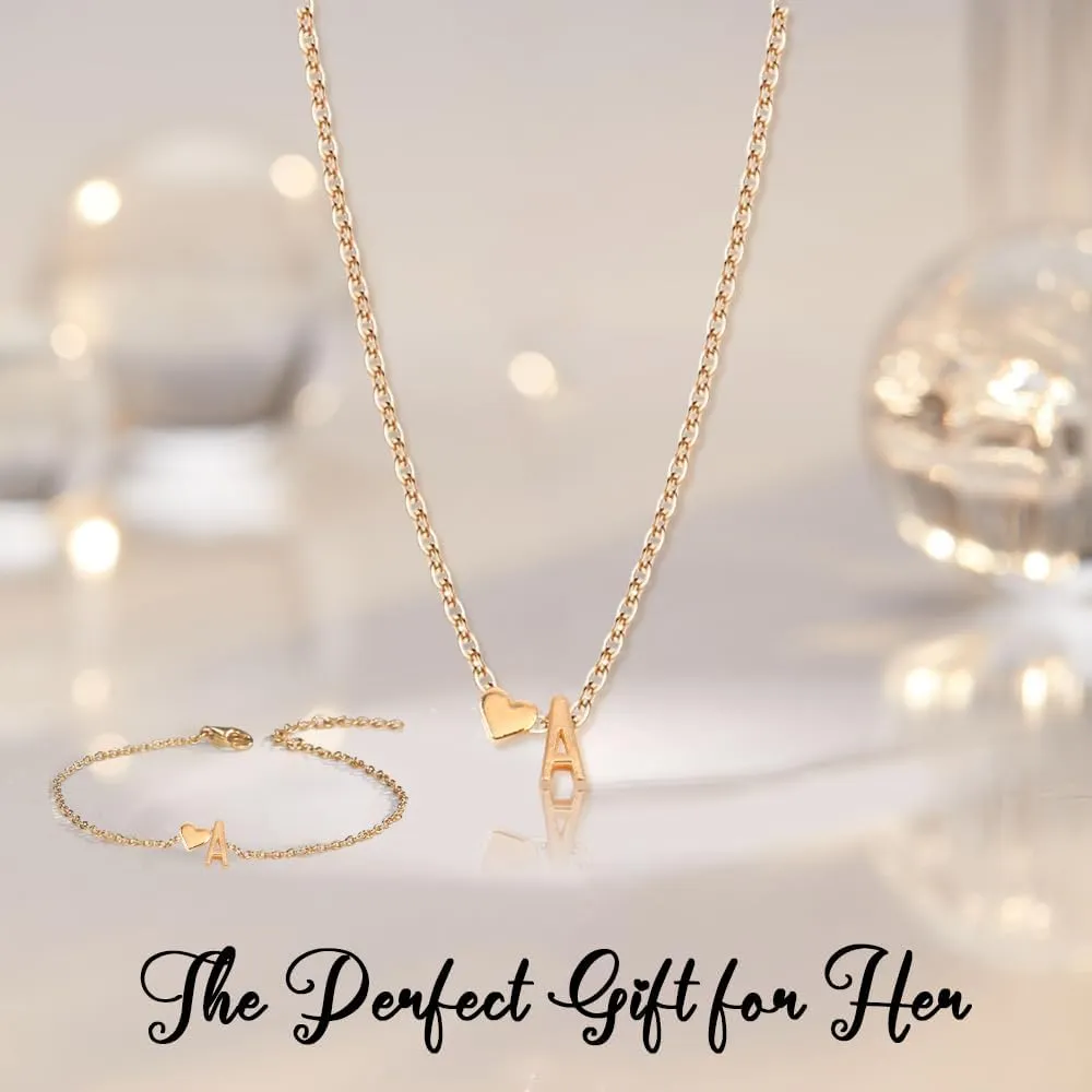 Gold Bracelets For Women Heart Initial Letter Pendant Necklace and Bracelet Set Personalized Jewelry Sets for Women Birthday Gifts for Mom Her Daughter Initial Necklace 14K Silver Plated