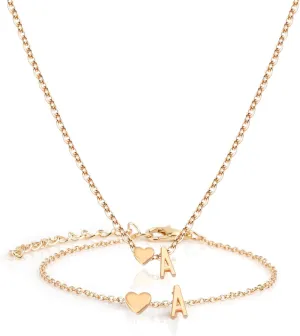 Gold Bracelets For Women Heart Initial Letter Pendant Necklace and Bracelet Set Personalized Jewelry Sets for Women Birthday Gifts for Mom Her Daughter Initial Necklace 14K Silver Plated