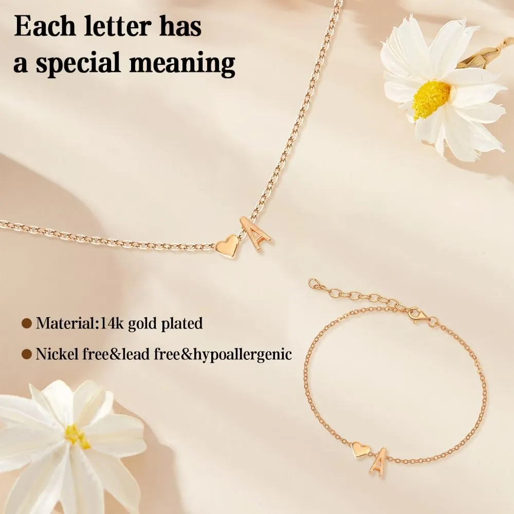 Gold Bracelets For Women Heart Initial Letter Pendant Necklace and Bracelet Set Personalized Jewelry Sets for Women Birthday Gifts for Mom Her Daughter Initial Necklace 14K Silver Plated